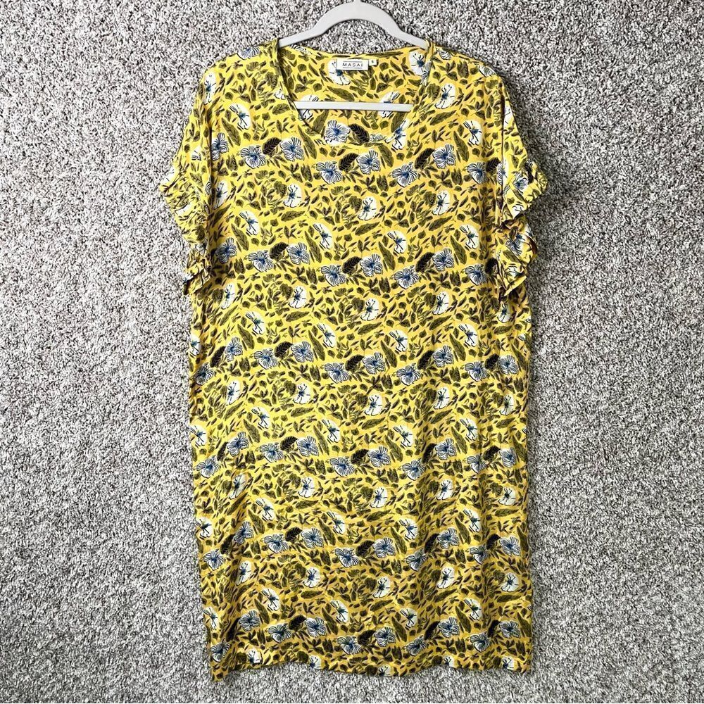 Masai Nara Dress Women's Small Yellow/Blue/White Floral Print Short Sleeve Shift